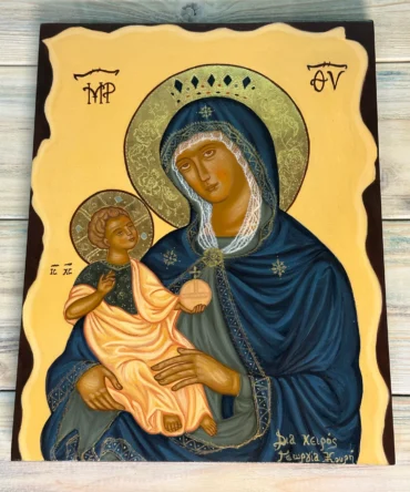 Χειροποίητη εικόνα της Παναγίας πάνω σε κόντρα πλακέ θαλάσσης